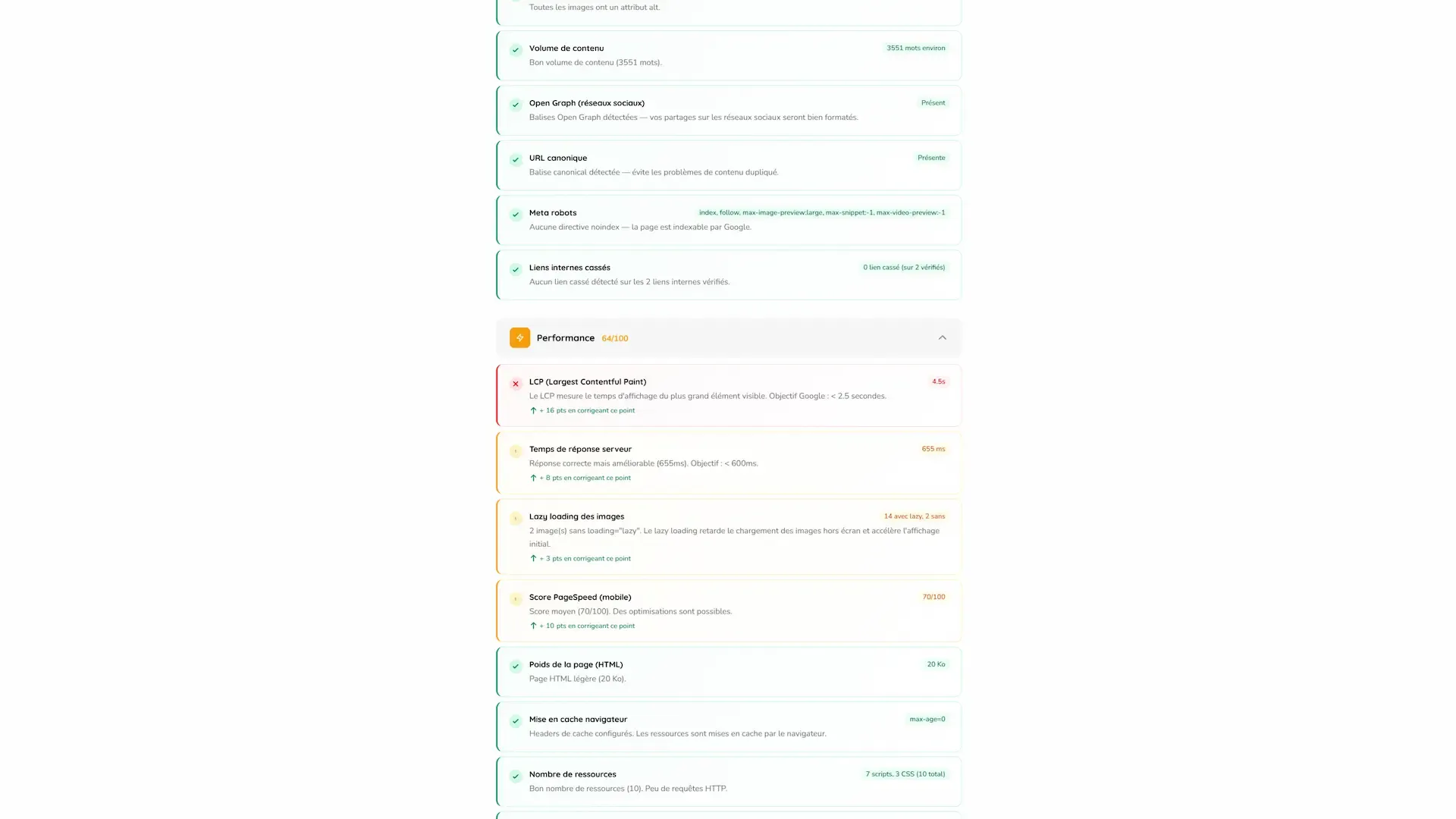 Extrait d'un rapport d'audit de site internet : contrôles SEO et performance avec leur statut