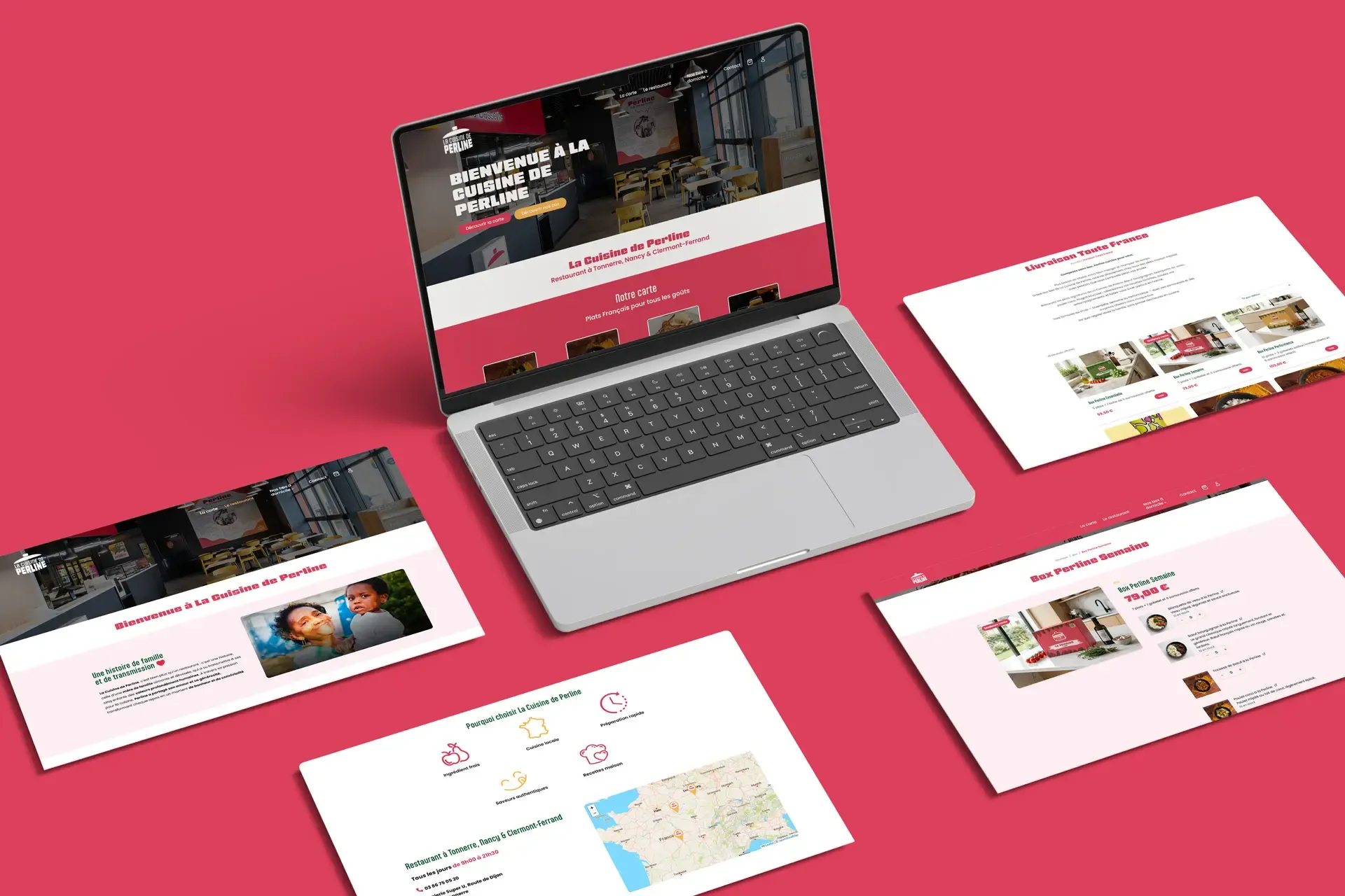 Site de La Cuisine de Perline affiché sur ordinateur portable : accueil, boutique, coffrets et carte des points de vente