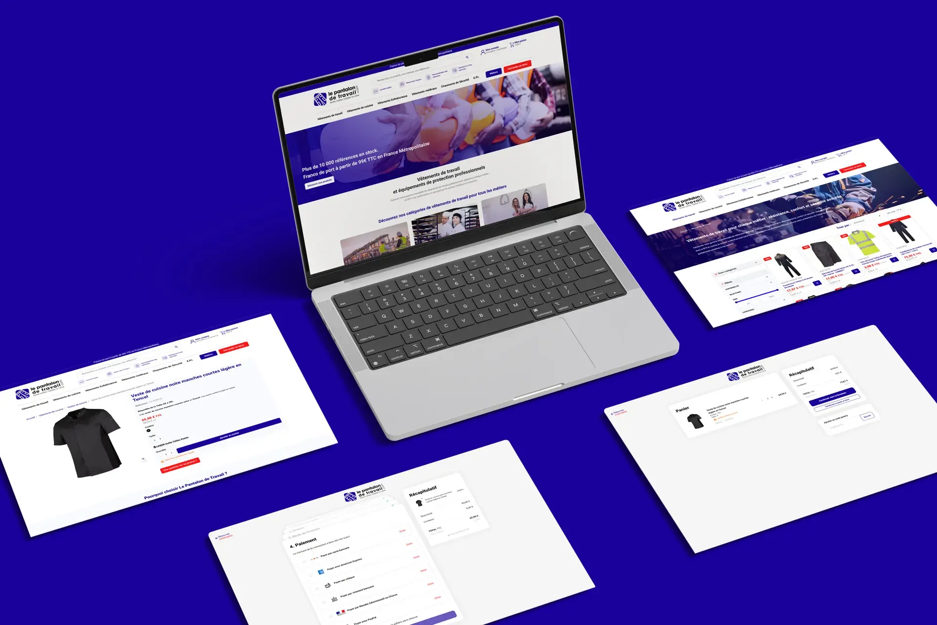 Site e-commerce Le Pantalon de Travail affiché sur ordinateur portable : accueil, catalogue, fiche produit et panier