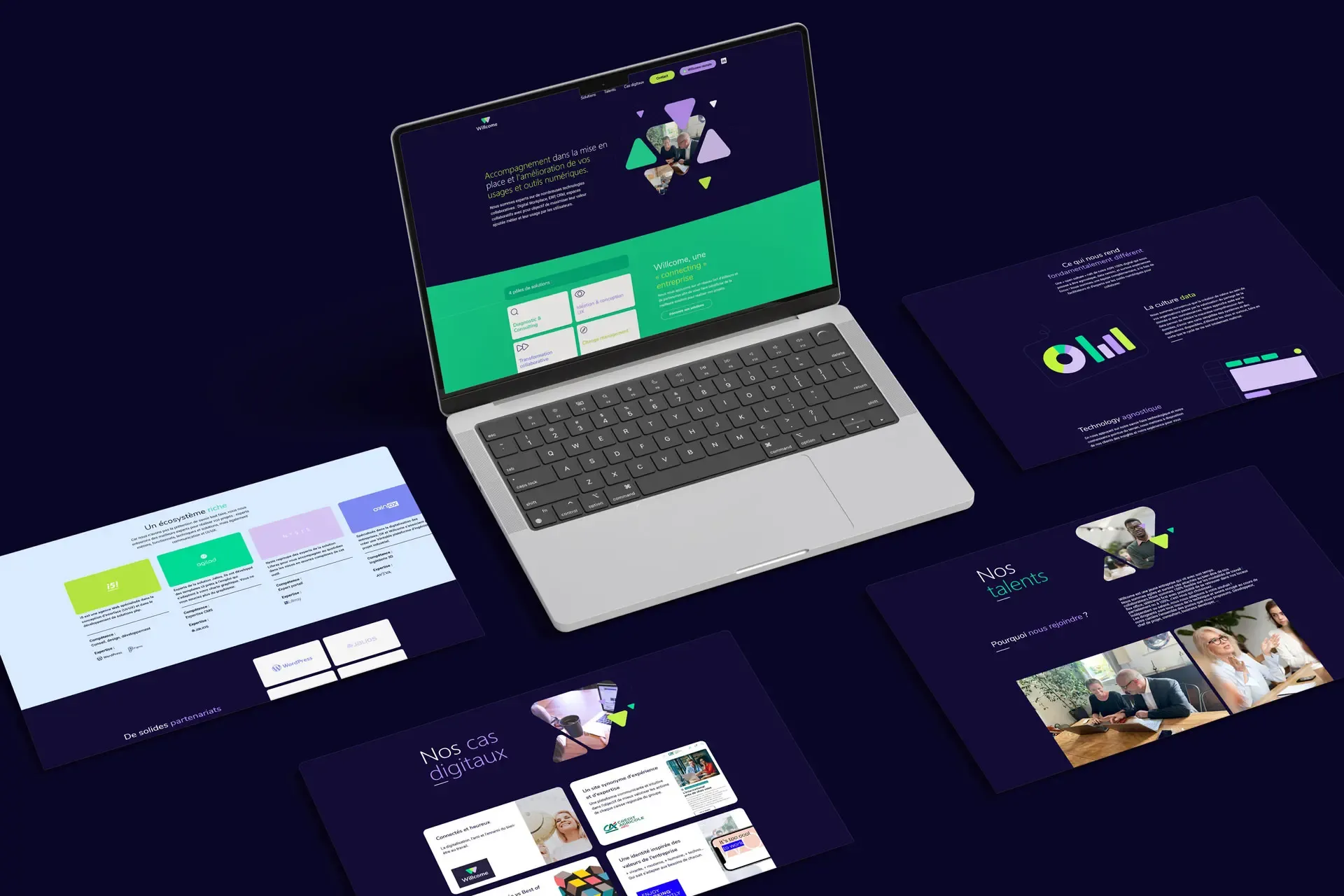 Site de Willcome affiché sur ordinateur portable : accueil, offres, cas clients et page talents