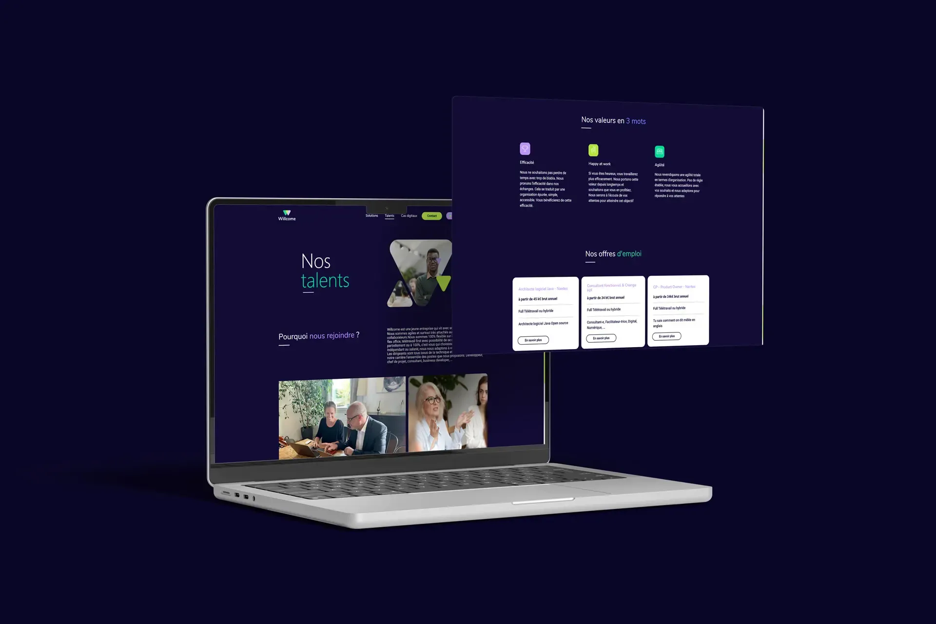 Page « Nos talents » et valeurs du site Willcome sur ordinateur portable