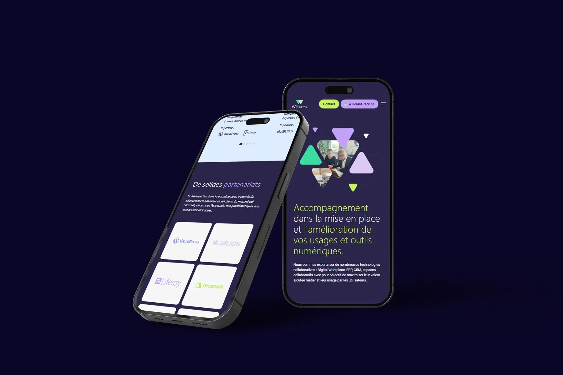 Version mobile du site Willcome sur deux smartphones : accueil et partenariats